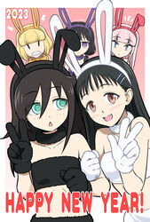  2023 5girls :d :o animal_ears bags_under_eyes bare_shoulders black_gloves black_hair blonde_hair blue_eyes blunt_bangs blush bob_cut border breasts brown_eyes chestnut_mouth chinese_zodiac clenched_teeth collarbone commentary_request empty_eyes english_text fake_animal_ears finger_counting fur_collar fur_gloves gloves gradient_background green_eyes hair_between_eyes hair_ornament hairclip hand_up happy happy_new_year highres hirasawa_shizuku ichikawa_masahiro jealous katou_asuka kuroki_tomoko lightning_bolt_symbol locked_arms long_hair looking_at_another looking_at_viewer low_twintails midriff motion_lines multiple_girls new_year notice_lines open_mouth pink_background pink_hair purple_eyes rabbit_ears short_hair sidelocks small_breasts smile solid_oval_eyes tamura_yuri teeth trembling twintails uchi_emiri v w watashi_ga_motenai_no_wa_dou_kangaetemo_omaera_ga_warui! white_border white_gloves year_of_the_rabbit 