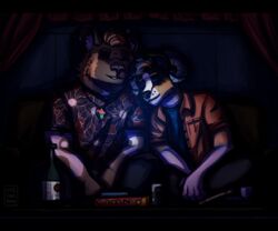  african_wild_dog anthro bottle canid canine closed_eyes clothed clothing container curtains darius_davis digital_media_(artwork) duo fully_clothed fur furniture hair hms.junebug horn hybrid jewelry male mammal multicolored_body multicolored_fur necklace sitting sleeping sofa window 