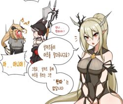  3girls animal_ears arknights bare_shoulders beanie black_headwear black_jacket blush breasts brown_eyes brown_hair chestnut_mouth clothes_writing cowboy_shot demon_horns ears_through_headwear fox_ears frostleaf_(arknights) full-face_blush grey_hair grey_shirt grey_sweater hair_between_eyes hair_ornament hat headphones highres holding holding_polearm holding_weapon horns implied_extra_ears jacket korean_commentary korean_text large_breasts light_brown_hair long_hair looking_at_another looking_at_viewer manggapaegtoli material_growth meteorite_(arknights) multiple_girls notice_lines off-shoulder_shirt off_shoulder official_alternate_costume oripathy_lesion_(arknights) pointy_ears polearm ponytail red_eyes ribbed_sweater shining_(arknights) shining_(silent_night)_(arknights) shirt simple_background sitting speech_bubble sweater translation_request very_long_hair weapon white_background 