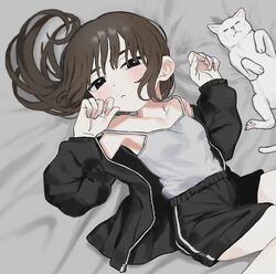  :&lt; absurdres bed_sheet black_eyes black_jacket black_shorts blush breasts brown_hair camisole closed_mouth commission feline female grey_camisole hair_spread_out highres jacket kunoichi_kazuhito_(kuno_kazu) long_hair long_sleeves looking_at_viewer lying on_back open_clothes open_jacket original shirt_tucked_in shorts skeb_commission small_breasts solo 