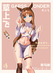  absurdres animal_ears black_thighhighs blue_eyes breasts brown_hair character_name chibi chibi_inset chinese_commentary chinese_text cleavage cleavage_cutout clenched_hands clothing_cutout commentary_request cowboy_shot crop_top cropped_sweater ear_ribbon evolved_virgin_killer_sweater female grass_wonder_(umamusume) groin hands_up highres horse_ears horse_girl loincloth long_hair long_sleeves looking_at_viewer medium_breasts meme_attire midriff multicolored_hair navel parted_bangs parted_lips pelvic_curtain ribbed_sweater sidelocks single_thighhigh skindentation smile standing sweater thigh_strap thighhighs translation_request turtleneck turtleneck_sweater typo umamusume white_hair white_sweater xg_epee 