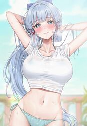  alternate_breast_size alternate_costume amyu_(amm_asl_pa) aqua_bikini arms_up bikini bikini_under_clothes blue_hair blurry blurry_background blush bow breasts breath collarbone cropped_shirt female genshin_impact grey_hair groin hairbow halterneck highres kamisato_ayaka large_breasts long_hair looking_at_viewer mole mole_under_eye navel no_pants ponytail railing shirt short_sleeves side-tie_bikini_bottom smile solo standing stomach string_bikini sweatdrop swimsuit t-shirt very_long_hair white_shirt 