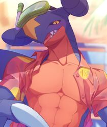  abs ambiguous_gender beach_style_garchomp black_sclera blue_body blush bodily_fluids chair claws clothed clothing day dorsal_fin dragon feral fin furniture garchomp generation_4_pokemon hi_res holowear_(pokemon) light looking_at_viewer muscular muscular_ambiguous mythological_creature mythological_scalie mythology nintendo open_clothing open_mouth open_shirt open_topwear orange_clothing orange_shirt orange_topwear pecs pokemon pokemon_(species) pokemon_unite remmus_d scalie semi-anthro sharp_teeth shirt sky snorkel solo spikes sunlight sweat teeth topwear wing_claws wings yellow_body yellow_eyes 