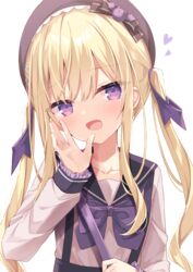  :d beret black_bow black_hat black_sailor_collar black_skirt blonde_hair blush bow collarbone commentary_request female frilled_sleeves frills hair_between_eyes hairbow hand_up hat head_tilt heart highres hoshi_(snacherubi) long_sleeves oerba_yun_fang open_mouth purple_bow purple_eyes re:act sailor_collar shirt simple_background skirt sleeves_past_wrists smile solo suspender_skirt suspenders tsukushi_aria twintails upper_body virtual_youtuber white_background white_shirt 