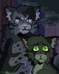  2023 4:5 absurd_res ashfur_(warriors) black_body black_fur blue_eyes blue_sclera blue_whiskers cel_shading detailed_background digital_drawing_(artwork) digital_media_(artwork) domestic_cat duo fangs felid feline felis female feral fur green_eyes green_sclera green_whiskers grey_body grey_fur hi_res hollyleaf_(warriors) male mammal newtcreek pink_nose plant shaded sneer teeth tree warriors_(book_series) whiskers 