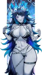  absurdres animal_ear_fluff animal_ears bikini black_bikini black_collar blue_eyes blue_hair breasts chains cleavage collar female fingerless_gloves fishnet_gloves fishnet_top fishnets gloves gradient_hair hair_ornament hairpin highres indie_virtual_youtuber large_breasts long_hair looking_at_viewer multicolored_hair navel second-party_source smile solo spite_(vtuber) swimsuit tail thigh_strap virtual_youtuber wann! wolf_ears wolf_girl wolf_tail 