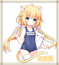  ahoge animal_ear_fluff animal_ears bare_arms bare_shoulders blonde_hair blood blue_eyes blue_one-piece_swimsuit blush bow breasts cat_ears cat_girl cat_tail collarbone copyright_request covered_navel cropped_legs female groin hairbow long_hair looking_at_viewer low_twintails nosebleed old_school_swimsuit one-piece_swimsuit parted_lips school_swimsuit small_breasts solo stuffed_animal stuffed_cat stuffed_toy swimsuit tail tengxiang_lingnai thighhighs twintails very_long_hair white_background white_bow white_thighhighs 