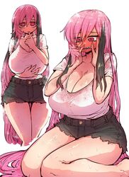  black_hair blood blood_on_clothes blush breasts cleavage fangs female heart heart-shaped_pupils highres long_hair multicolored_hair pink_eyes pink_hair sharp_teeth shirt shorts slit_pupils solo sumire_(yakunitatsu_node_chi_o_kudasai) sweat symbol-shaped_pupils teeth thick_thighs thighs vampire white_shirt yakunitatsu_node_chi_o_kudasai zyugoya 