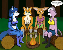  abs anthro blue_body blue_eyes blue_fur blue_hair breasts campfire canid canine canis cleavage clothed clothing cooking dialogue digital_media_(artwork) domestic_cat emperorstarscream fara_phoenix felid feline felis female fennec_fox fish forest fox fox_mccloud fur green_eyes group hair hopelessness katt_monroe krystal_(star_fox) log male mammal marine midriff multicolored_body multicolored_fur muscular muscular_male nature navel nintendo orange_body orange_fur outside pecs pink_body pink_fur plant sitting star_fox topless topless_male torn_clothing tree true_fox two_tone_body two_tone_fur white_body white_fur wood 