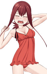  arm_up breasts cleavage closed_eyes commentary_request cowboy_shot easy_(aqk7bdqt) facing_viewer fangs female long_hair lynn_(tokedase!_mizorechan) medium_breasts open_mouth pajamas photoshop_(medium) pointy_ears red_hair red_pajamas sidelocks simple_background solo standing tokedase!_mizorechan wavy_mouth white_background yawning 