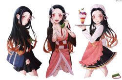  alternate_costume apron asa_no_ha_(pattern) bag black_hair black_shirt black_skirt breasts brown_hair checkered_sash cleavage demon_girl fangs female food gag highres holding holding_plate horns ice_cream japanese_clothes kamado_nezuko kimetsu_gakuen kimetsu_no_yaiba kimono licking_lips long_hair looking_at_viewer maid_headdress mu_ooa multiple_views obi pink_apron pink_eyes pink_kimono plate sash school_bag school_uniform shirt simple_background single_horn skirt slit_pupils smile tattoo tongue tongue_out unworn_gag waist_apron white_background 