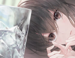  absurdres blurry blurry_background brown_eyes brown_hair commentary condensation crystalherb female glass highres ice ice_cube looking_at_viewer lying on_side original photoshop_(medium) solo symbol-only_commentary 