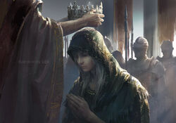  1boy ambiguous_gender armor artist_name banner black_robe commentary coronation crown dark_souls_(series) dark_souls_iii grey_hair helm helmet holding holding_weapon jlien- knight long_hair looking_down lothric_(younger_prince) male_focus own_hands_clasped own_hands_together photoshop_(medium) polearm putting_on_headwear robe solo_focus spear standing upper_body weapon 