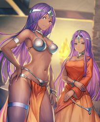  2girls anbe_yoshirou armlet bare_shoulders blurry blurry_background bracelet breasts circlet closed_mouth collarbone commentary_request dancer&#039;s_costume_(dq) dark-skinned_female dark_skin dragon_quest dragon_quest_iv dress earrings fingernails forehead_jewel gem gradient green_gemstone groin hand_on_own_hip highres indoors jewelry light_smile lips loincloth long_hair looking_at_viewer manya_(dq4) medium_breasts minea_(dq4) multiple_girls navel orange_dress parted_bangs pelvic_curtain purple_hair red_eyes siblings sisters stomach thigh_strap thighs twins 