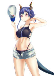  arknights armpits bare_arms bare_shoulders baseball_cap bikini black_bikini blue_hair breasts ch&#039;en_(arknights) commentary_request cowboy_shot dorai dragon_horns dragon_tail female female_tourist_c_(arknights) grey_shorts hands_up hat highres holding holding_clothes holding_hat horns long_hair looking_at_viewer medium_breasts navel official_alternate_costume open_fly partial_commentary red_eyes short_shorts shorts simple_background solo standing stomach swimsuit tail thighs unworn_hat unworn_headwear white_background 