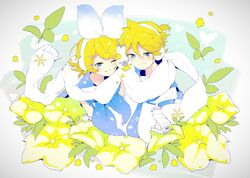  1boy 1other blonde_hair blue_neckwear blush bow bug butterfly cheek_press commentary earmuffs earphones female floral_print flower hair_ornament hairbow hairclip highres kagamine_len kagamine_rin leaf looking_at_viewer neckerchief necktie one_eye_closed oversized_flower oyamada_gamata petunia_(flower) rabbit rabbit_yukine sandwiched scarf shared_earphones shirt short_hair smile snowflake_print vocaloid white_bow white_scarf white_shirt yellow_flower yuki_len yuki_rin 