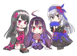  3girls ahoge applying_makeup arm_tattoo asymmetrical_legwear bell_sleeves black_dress black_footwear black_hair blue_hair blue_ribbon blunt_bangs chibi cosmetics covered_mouth detached_sleeves dress drill_hair drill_sidelocks facial_mark floating_armor flower hairband hand_fan hand_mirror hands_up headband holding holding_fan holding_mirror kageuchi_aoki_kanemoto_(tenka_hyakken) kageuchi_kuji_kanesada_(tenka_hyakken) kageuchi_suishinshi_masahide_(tenka_hyakken) kneeling kurofuti light_blue_hair lipstick long_hair looking_at_mirror makeup mirror multiple_girls obi_bow pink_eyes purple_hair purple_ribbon red_flower red_rose ribbon rose seiza sidelocks sitting standing tattoo tenka_hyakken thighhighs wide_sleeves yellow_eyes 