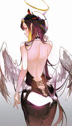  ass back back_focus backless_dress backless_outfit bare_arms bare_back bare_shoulders blonde_hair blunt_bangs cowboy_shot dress female from_behind gradient_hair halo hand_up highres holding holding_own_hair hololive hololive_english long_hair looking_back low_wings median_furrow mole mole_under_eye multicolored_hair ninomae_ina&#039;nis ninomae_ina&#039;nis_(1st_costume) orange_hair pointy_ears purple_hair reinene sidelocks simple_background solo standing tentacle_hair very_long_hair virtual_youtuber white_background white_wings wings 