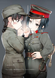  2girls absurdres belt black_eyes black_hair blush braid breasts brown_belt brown_headwear brown_jacket cigarette cigarette_kiss commentary_request cowboy_shot epaulettes from_side grey_background hand_up hat highres holding imperial_japanese_army jacket kuomintang large_breasts long_sleeves looking_at_another military military_hat military_uniform multiple_girls national_revolutionary_army original peaked_cap samazuka_mashiro second_sino-japanese_war sheath sheathed short_hair simple_background smoke smoking sword translated uniform weapon world_war_ii yuri 