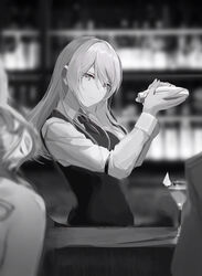  2girls ak-12_(girls&#039;_frontline) an-94_(girls&#039;_frontline) bar_(place) bartender changpan_hutao cocktail cocktail_glass commentary cup drinking_glass girls&#039;_frontline greyscale long_hair monochrome multiple_girls necktie out_of_frame unusually_open_eyes vest 