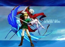  16167mono 2boys armband belt blonde_hair blue_eyes blue_hair cape commentary_request female fi_(zelda) ghirahim gloves hat link multiple_boys pantyhose pointy_ears smile the_legend_of_zelda the_legend_of_zelda:_skyward_sword white_hair 