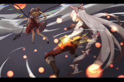  2girls battle blonde_hair boots bow commentary_request danmaku duel flandre_scarlet flying fujiwara_no_mokou full_moon glowing glowing_eyes hairbow kokotetsu laevatein_(touhou) letterboxed long_hair md5_mismatch moon multiple_girls night red_moon resolution_mismatch short_hair smile source_smaller suspenders touhou very_long_hair white_hair wings 