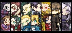  6+boys :3 alcohol armor artoria_pendragon_(fate) assassin_(fate/zero) bad_id bad_pixiv_id berserker_(fate/zero) black_eyes black_keys_(type-moon) blonde_hair blue_eyes chibi cross diarmuid_ua_duibhne_(lancer)_(fate) earrings emiya_kiritsugu everyone fate/zero fate_(series) female gate_of_babylon_(fate) gilles_de_rais_(caster)_(fate) green_eyes intestines iskandar_(fate) jewelry kayneth_el-melloi_archibald kotomine_kirei mask matou_kariya moromie-mizu multiple_boys necklace orange_hair saber_(fate) tohsaka_tokiomi uryuu_ryuunosuke waver_velvet wine yellow_eyes 