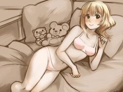  alternate_hairstyle amputee bad_deviantart_id bad_id bed blonde_hair blush bra double_amputee female green_eyes ibarazaki_emi indoors katawa_shoujo looking_at_viewer lying on_side oshawott panties pillow pink_bra pink_panties pokemon pokemon_bw roarke_(lavenderincubus) sepia_background smile solo stuffed_animal stuffed_toy teddy_bear underwear 