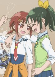  2girls bad_id bad_pixiv_id brown_background c-chrone closed_eyes clothes_around_waist food green_hair green_necktie green_sweater_vest hair_ornament hino_akane_(smile_precure!) midorikawa_nao mouth_hold multiple_girls nanairogaoka_middle_school_uniform necktie okonomiyaki ponytail precure red_eyes red_hair school_uniform skirt sleeves_rolled_up smile smile_precure sweater sweater_around_waist sweater_vest werewolf wolfrun 