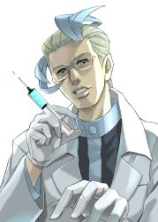  1boy ahoge akuroma_(pokemon) akuroma_(pokemon_bw2) coat glasses gloves hijirino_yuuta male male_focus multicolored_hair pokemon pokemon_(game) pokemon_bw2 solo syringe yellow_eyes 