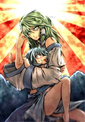  2girls blue_eyes blue_hair bras_d&#039;honneur choke_hold commentary_request detached_sleeves frog_hair_ornament green_eyes green_hair hair_ornament hair_tubes highres kochiya_sanae mageres meme midriff multiple_girls neta ryuuichi_(f_dragon) short_hair skirt smile snake strangling sunburst sunburst_background sweat tatara_kogasa tongue tongue_out touhou 