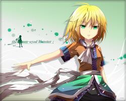  bad_id bad_pixiv_id blonde_hair border female green_eyes hidaka_kouyou mizuhashi_parsee outstretched_arm scarf solo touhou 