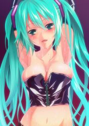  aqua_eyes aqua_hair armpits arms_up bare_shoulders breasts cleavage commentary_request corset detached_sleeves female hatsune_miku laco_soregashi long_hair looking_at_viewer medium_breasts navel open_mouth photoshop_(medium) solo sweat twintails vocaloid 