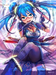  :d aqua_eyes aqua_hair bad_id bad_pixiv_id black_pantyhose boots breasts cleavage female glasses gloves hair_ornament hand_to_own_mouth highres ishikawa_kazumasa katana large_breasts lens_flare looking_at_viewer open_mouth pantyhose photoshop_(medium) red-framed_eyewear sengoku_saga sitting smile so-taro solo sword twintails weapon 