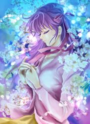  bug butterfly closed_eyes colored_eyelashes commentary_request fate/stay_night fate_(series) female flower hair_ribbon long_hair manbosakuranbo matou_sakura md5_mismatch ribbon solo 