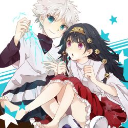  2boys alluka_zoldyck bad_id bad_pixiv_id barefoot black_hair blue_eyes brothers electricity hair_ornament hairband hunter_x_hunter killua_zoldyck long_hair monkgooii multi-tied_hair multiple_boys otoko_no_ko purple_eyes shorts siblings white_hair 