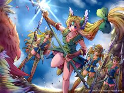  4girls amazon_warrior bird blonde_hair blue_eyes blush boots bow breasts bridal_gauntlets cleavage commentary_request dress hairbow helmet long_hair low-tied_long_hair medium_breasts milan1000 multiple_girls open_mouth polearm riesz seiken_densetsu seiken_densetsu_3 small_breasts spear very_long_hair weapon winged_helmet 