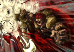  2boys armor beard blonde_hair blood cape commentary_request covering_face facial_hair fate/zero fate_(series) gate_of_babylon_(fate) gilgamesh_(fate) hand_on_another&#039;s_face head_grab highres iskandar_(fate) konfuji male_focus multiple_boys polearm red_eyes red_hair spear sword weapon 