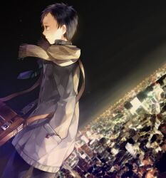  1boy bad_id bad_pixiv_id bag black_eyes black_hair cityscape coat durarara!! hands_in_pockets highres male_focus night occacia profile ryuugamine_mikado scarf shoulder_bag solo 