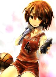  absurdres ayakashi_banashi bad_id bad_pixiv_id ball bare_shoulders basketball basketball_(object) basketball_uniform bottle brown_eyes brown_hair collarbone dripping female fingernails hair_ornament hairclip heavy_breathing highres himura_akari looking_at_viewer original short_hair sitting smile solo sportswear steam sweat towel water_bottle wet wiping_sweat wristband yoshida_hideyuki 