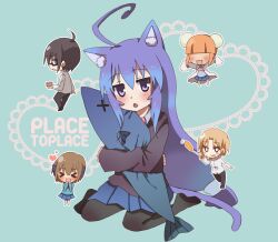  &gt;_&lt; 2boys 3girls acchi_kocchi ahoge animal_ears ascot blonde_hair blue_eyes blue_hair blush brown_hair cat_ears cat_tail closed_eyes commentary_request fish frills hair_over_eyes hair_tubes haruno_hime heart hug inui_sakaki katase_mayoi long_hair low-tied_long_hair michoko_(pixiv72203) miniwa_tsumiki multiple_boys multiple_girls orange_hair otonashi_io pantyhose school_uniform sitting skirt tail text_focus very_long_hair white_background x_x 