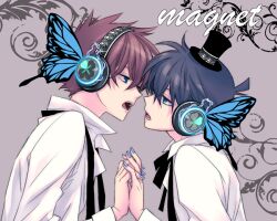  2boys ayao77 blue_eyes blue_hair brown_hair bug butterfly commentary_request copyright_name face-to-face hat headphones holding_hands interlocked_fingers kudou_shin&#039;ichi kuroba_kaito magnet_(vocaloid) male_focus meitantei_conan multiple_boys nail_polish open_mouth parody photoshop_(medium) vocaloid yaoi 