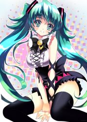  bad_id bad_pixiv_id earrings female green_eyes green_hair hatsune_miku heart jewelry long_hair musical_note pecorin photoshop_(medium) sitting solo spring_onion thighhighs twintails very_long_hair vocaloid 