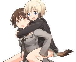  2girls animal_ears blonde_hair blue_eyes blush brown_eyes brown_hair carrying commentary_request dog_ears dog_girl dog_tail erica_hartmann gertrud_barkhorn military military_uniform multiple_girls open_mouth piggyback short_hair simple_background strike_witches tail tsuchii_(ramakifrau) uniform world_witches_series 