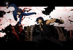  2boys battle black_hair blue_eyes cherry_blossoms chinese_clothes commentary_request crazy_eyes duel fingerless_gloves gloves hair_over_one_eye kishima_kouma knife letterboxed male_focus melty_blood multiple_boys muscular nanaya_shiki outside_border petals photoshop_(medium) reverse_grip school_uniform short_hair sleeveless smile tangzhuang tententensan tree tsukihime 