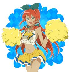  catgirl0926 cheerleader commentary_request female green_eyes hair_ribbon inazuma_eleven_(series) inazuma_eleven_go long_hair open_mouth pom_pom_(cheerleading) ribbon seto_midori 