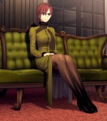  aozaki_touko couch female game_cg glasses high_heels highres koyama_hirokazu long_legs mahou_tsukai_no_yoru pantyhose red_eyes red_hair shoes short_hair solo 