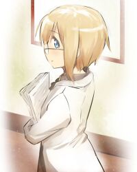  blonde_hair blue_eyes blush commentary_request female glasses lab_coat looking_at_viewer painttool_sai_(medium) profile short_hair solo strike_witches:_suomus_misfits_squadron tsuchii_(ramakifrau) ursula_hartmann world_witches_series 