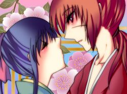  1boy blue_hair closed_eyes female himura_kenshin japanese_clothes kamiya_kaoru purple_eyes red_hair rurouni_kenshin 