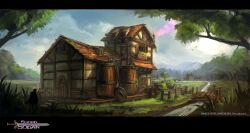  1boy absurdres bad_id bad_pixiv_id barrel bridge building chimney colored_smoke concept_art copyright_name darkhikari dated fence gable_roof half-timbered highres letterboxed male_focus outdoors photoshop_(medium) plant planter river scenery shop silhouette sky smoke solo_focus stream sword sword_of_sodan tree weapon window_shutter wooden_fence 